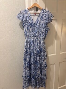 Vince Camuto Blue and White Ruffled Maxi Dress